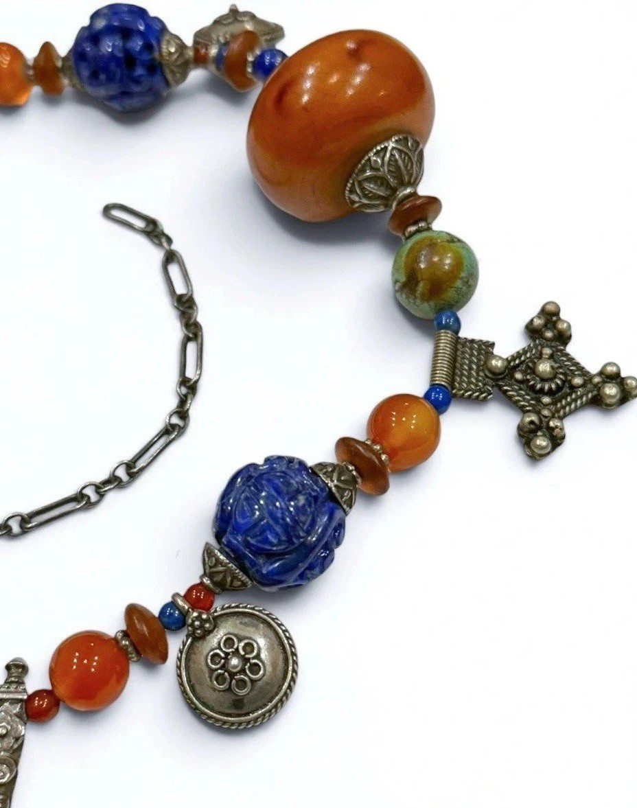 Jody P Artisan Tribal Fusion Ethnic Statement Necklace with Mixed Stone Beads