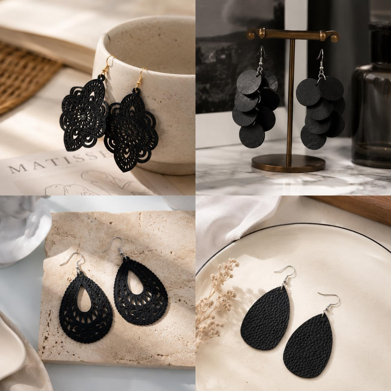 Boho Wood Dangle Earrings for Women, Lightweight Laser Cut Hollow Geometric Drop