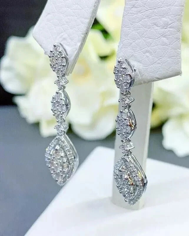 1.60 Ct Round Cut Real Moissanite Drop & Dangle Earrings 14K White Gold Plated