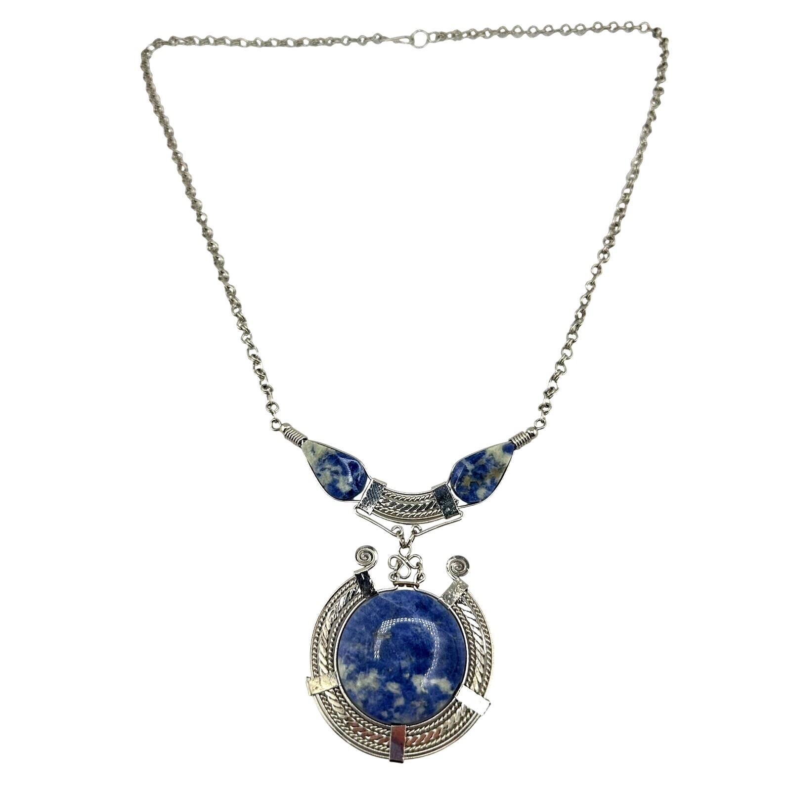Artisan Boho Sodalite Blue White Medallion Tribal Silver Tone 20” Necklace