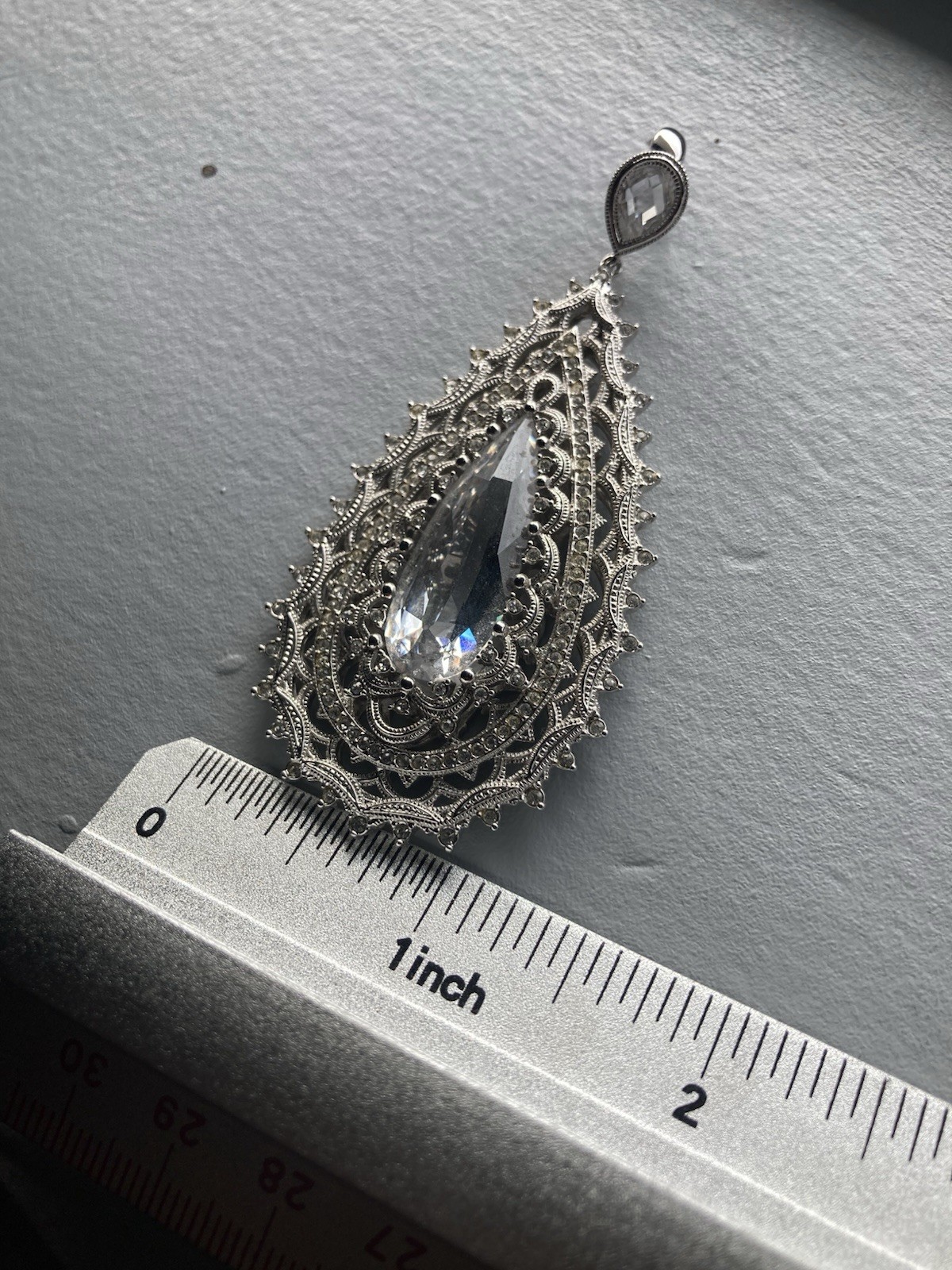 Big, Ornate Wedding Cocktail Party Teardrop Silver Pendant. Gem. Clip Bale.