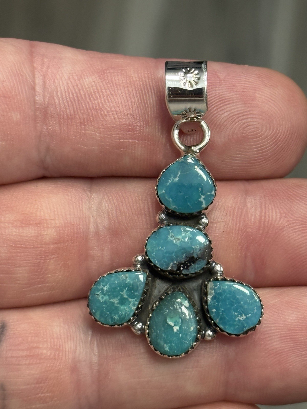STERLING SILVER WHITE WATER TURQUOISE 5 STONE MIX SHAPE CLUSTER PENDANT .925