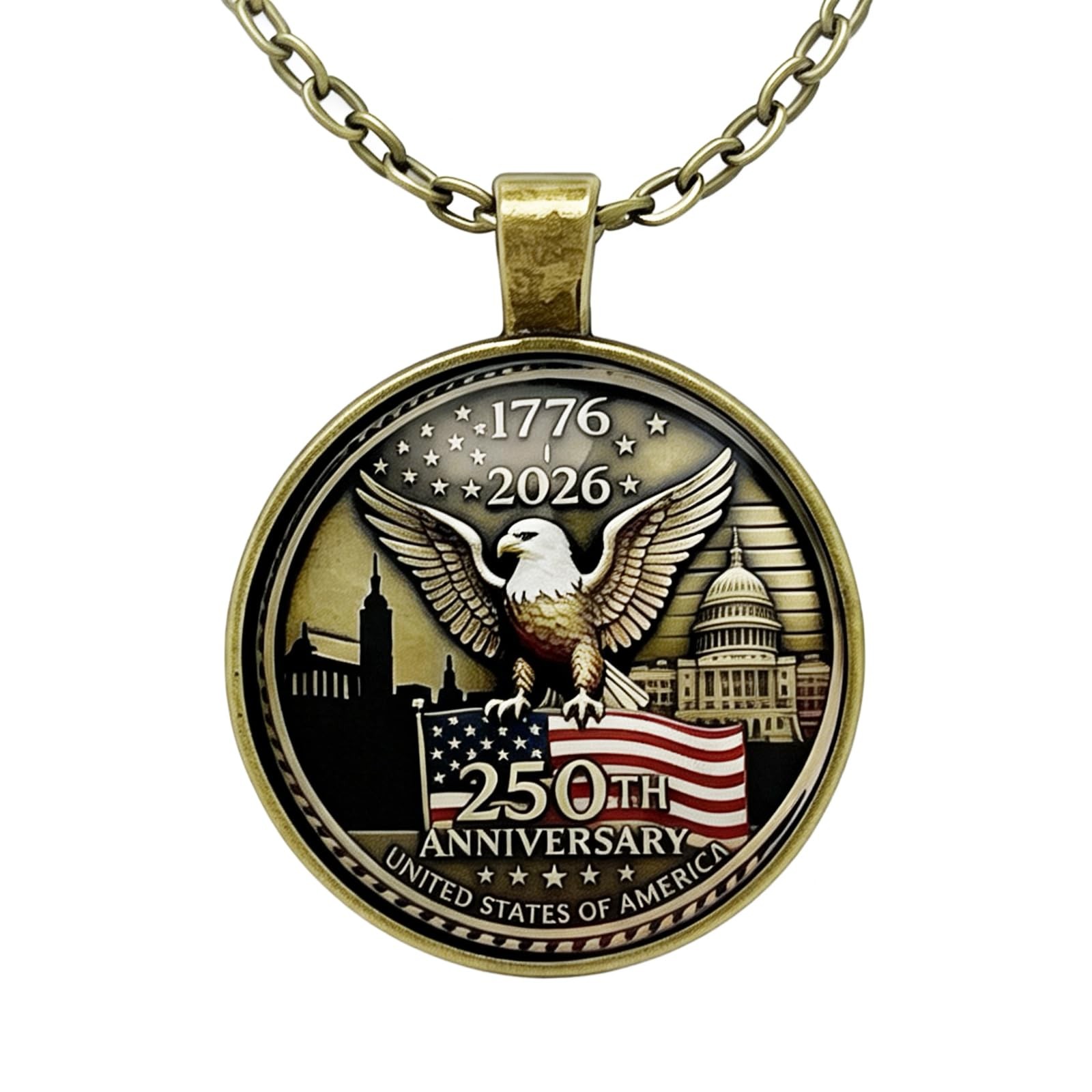 250th Anniversary 1776-2026 Bald Eagle American Flag Pendant Necklace Gift