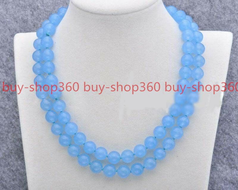 Natural 8/10/12mm Blue Chalcedony Gemstone Round Necklace 35 in AAA+