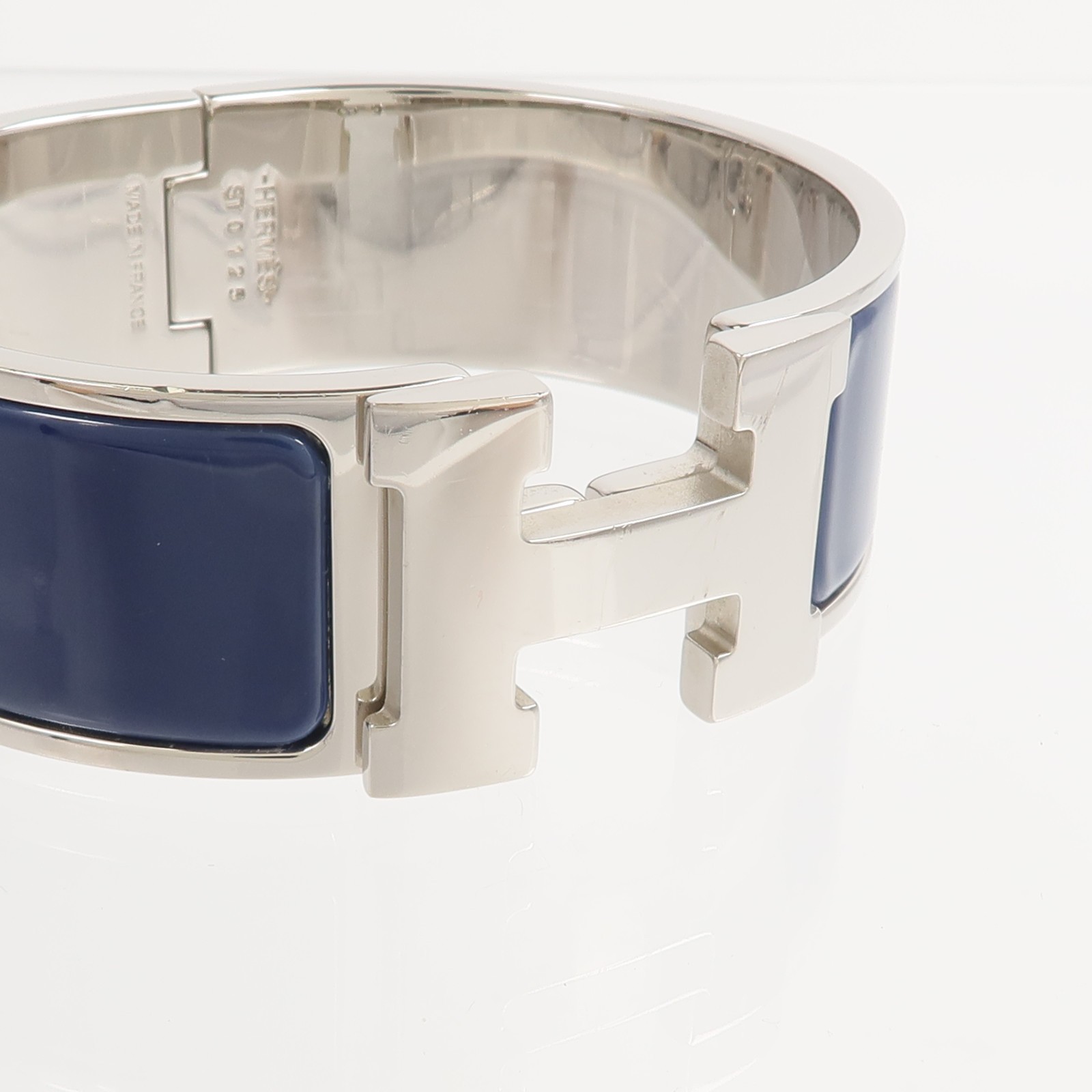 HERMES Clic Clac H Bracelet Metal Enamel Silver Bleu Abysse
