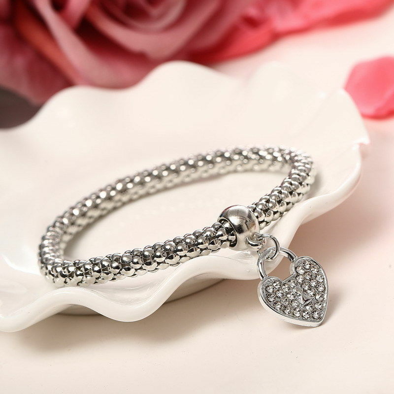 Silver Rose Gold White Topaz Heart Charm New Fashion Bracelet Bangle 3 in 1 Set