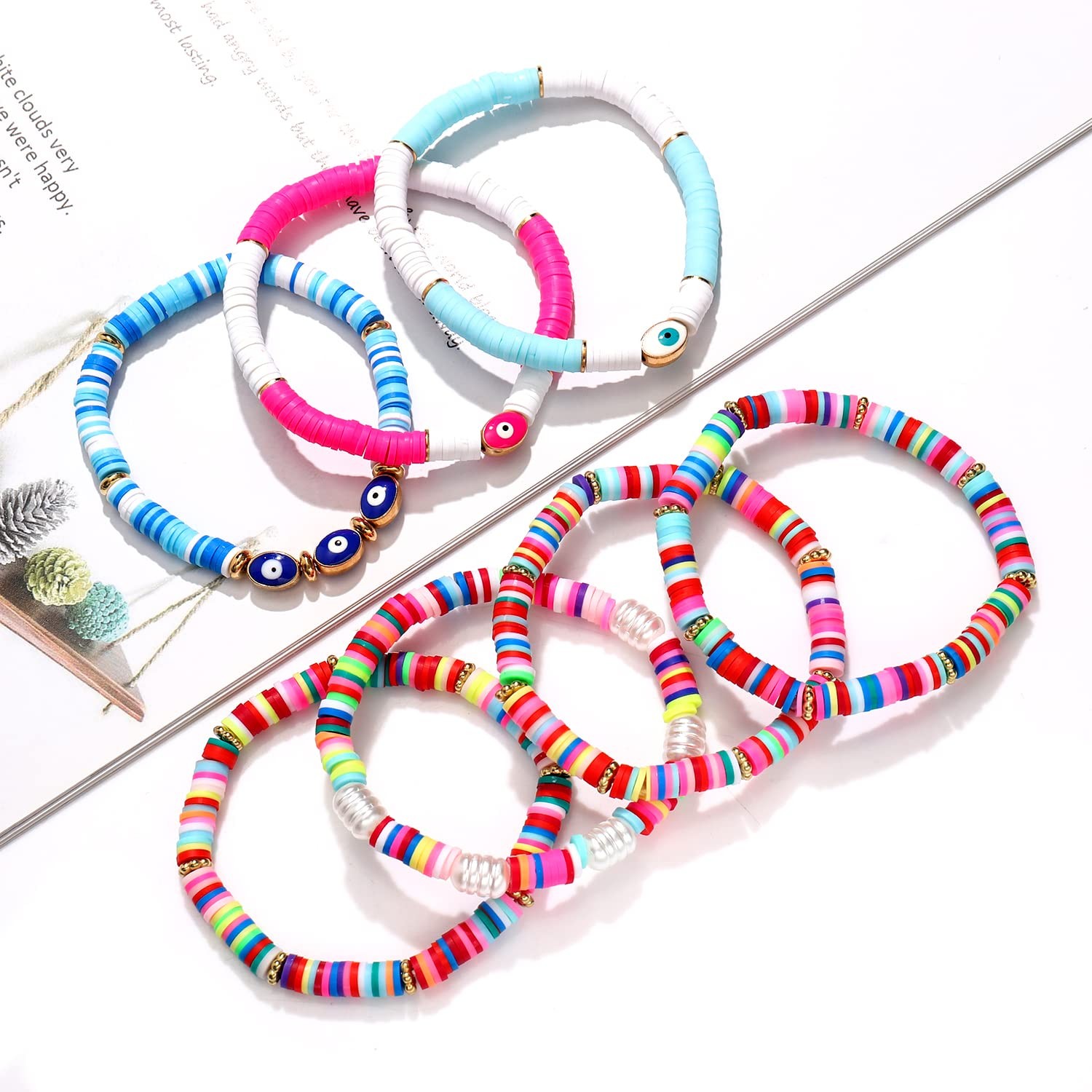 Summer Bracelets Polymer Clay Beads Stretch Bracelets Set Evil Eye Pearl Brac…