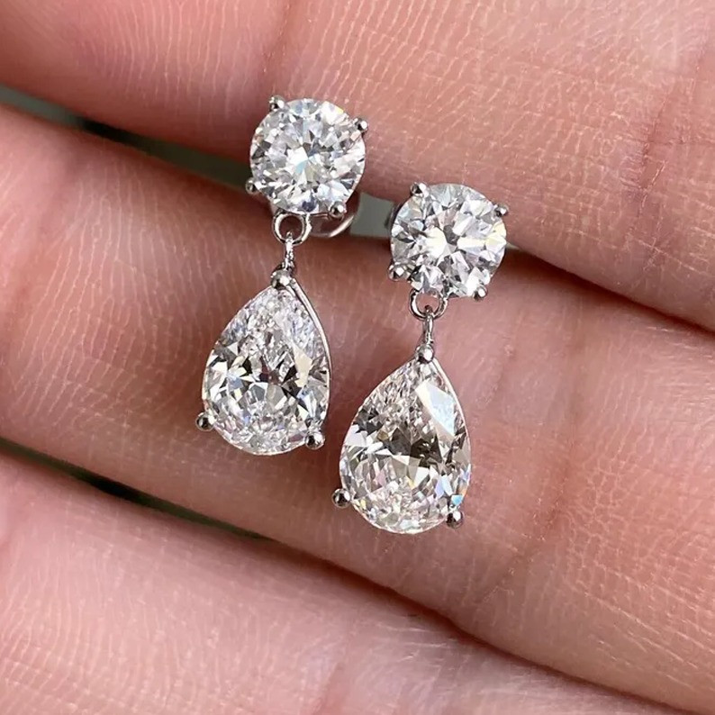 2.52 TCW Pear & Round Moissanite Dangle Drop Earring in 14k White Gold Plated