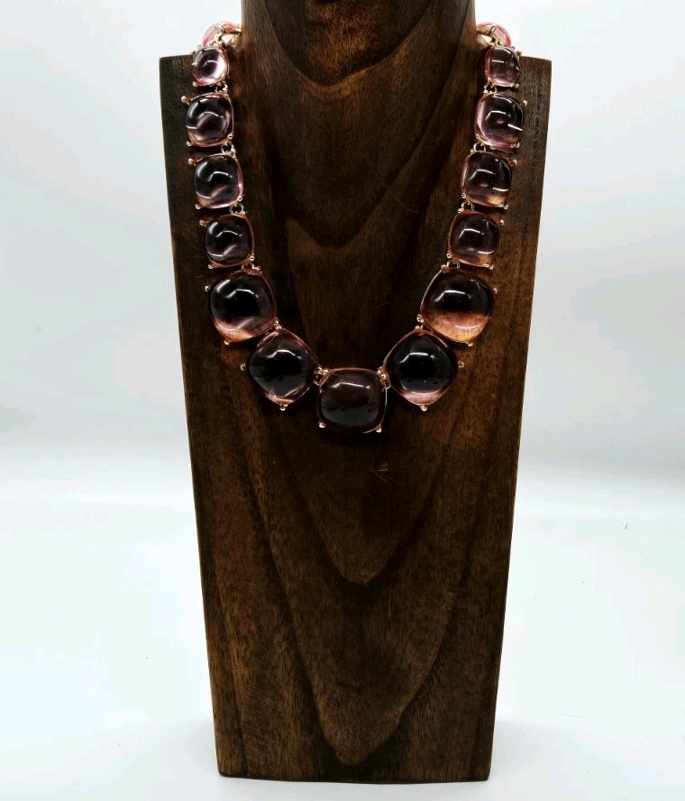 Pink Gripoix Style Necklace Cabochon Gold Tone Graduated Jelly Belly 18.5 in