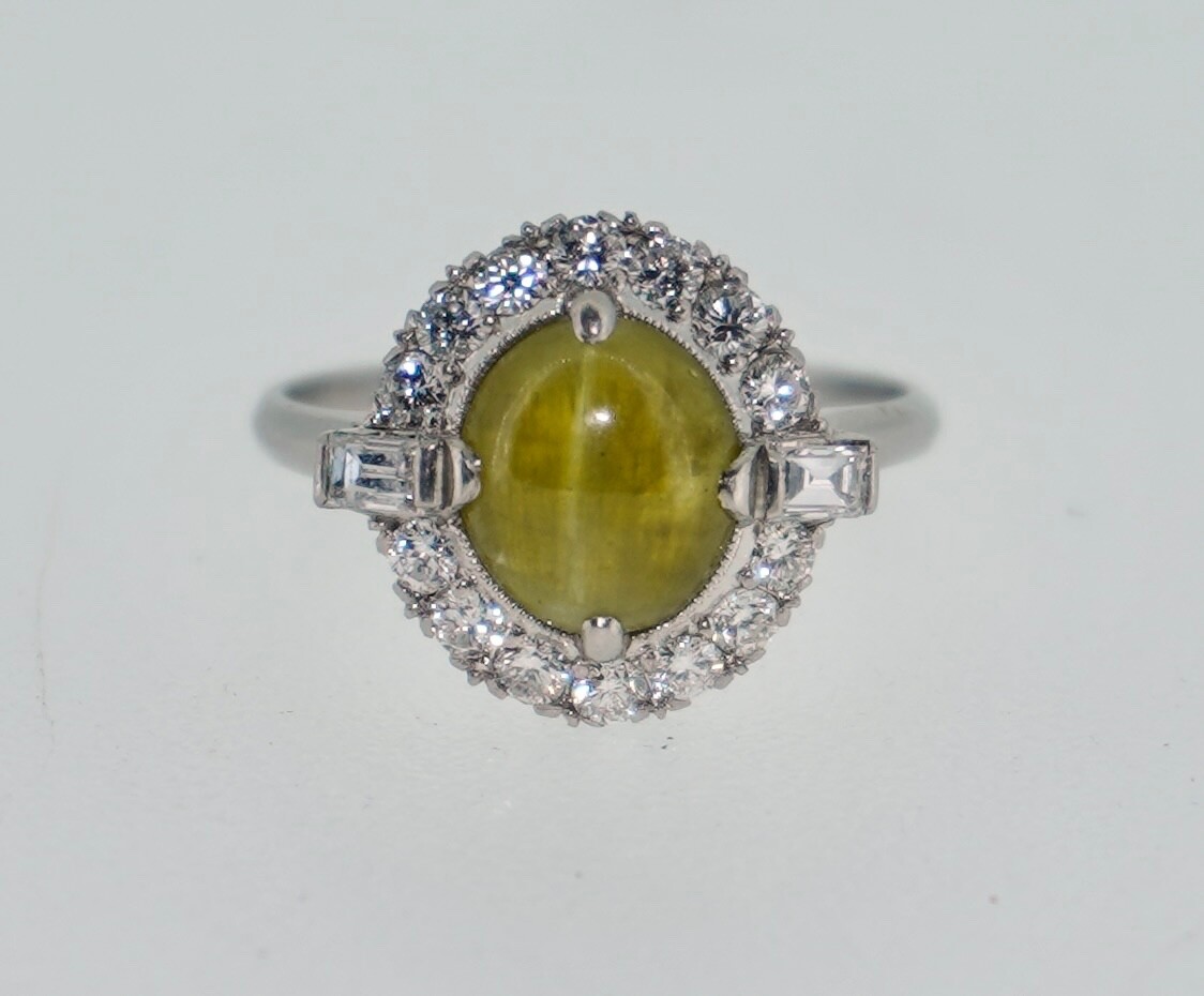 Platinum Cats Eye Chrysoberyl and Diamond Halo Ring
