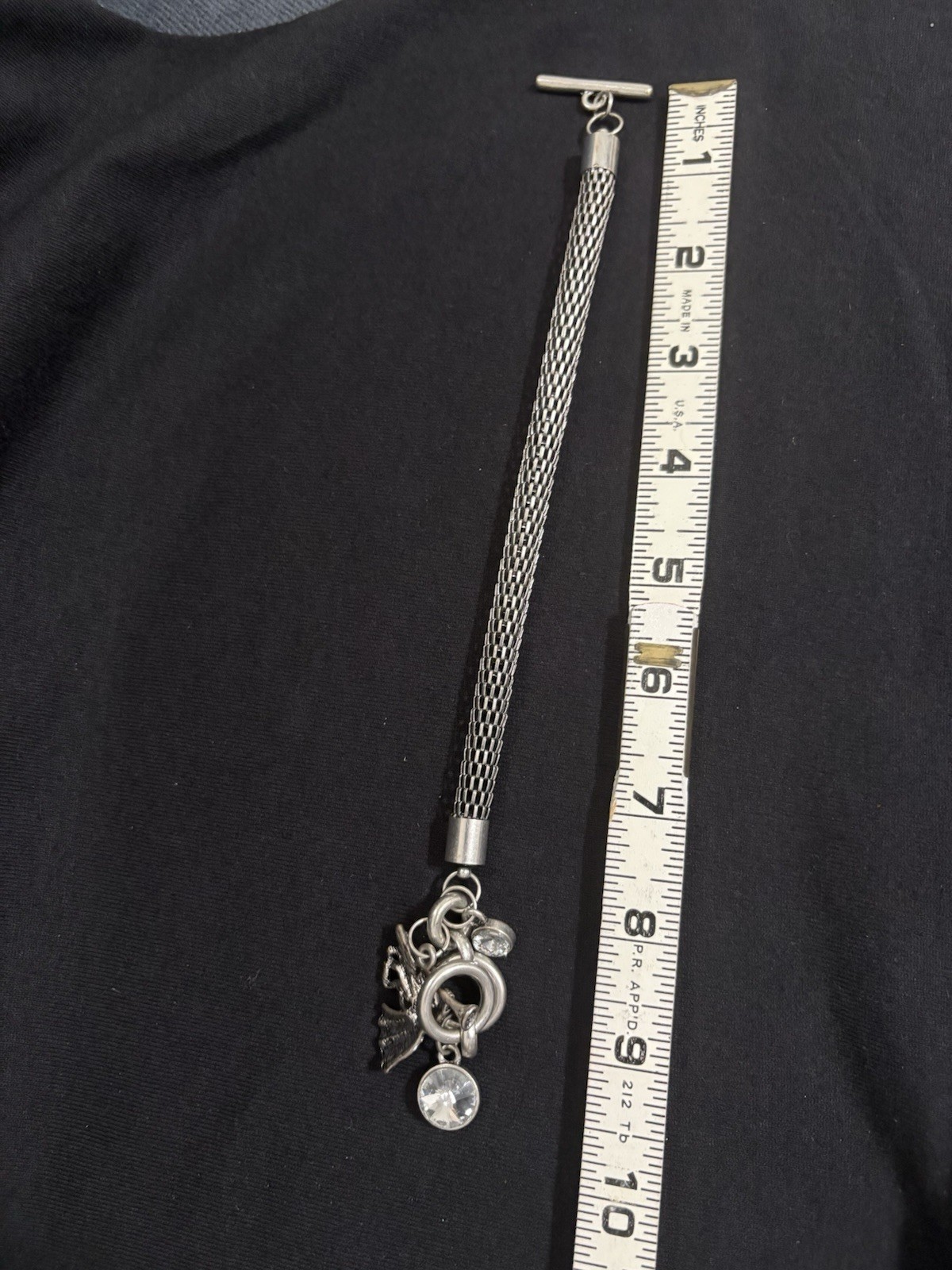 Vintage Silver Tone Fairy Charm Mesh Bracelet Crystal Dangle Toggle Statement 8”