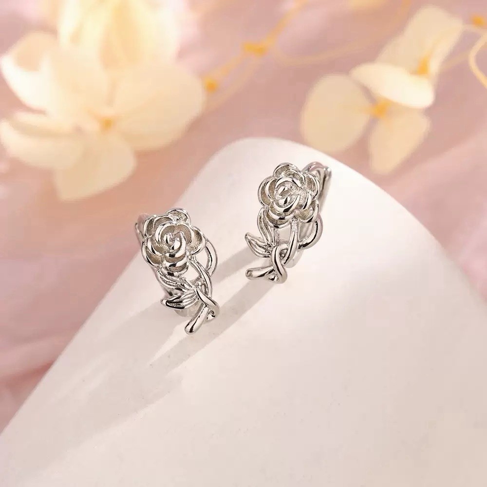 925 Silver Rose Flower Huggie Hoop Earrings Dainty 8mm Small Floral Hoops B71