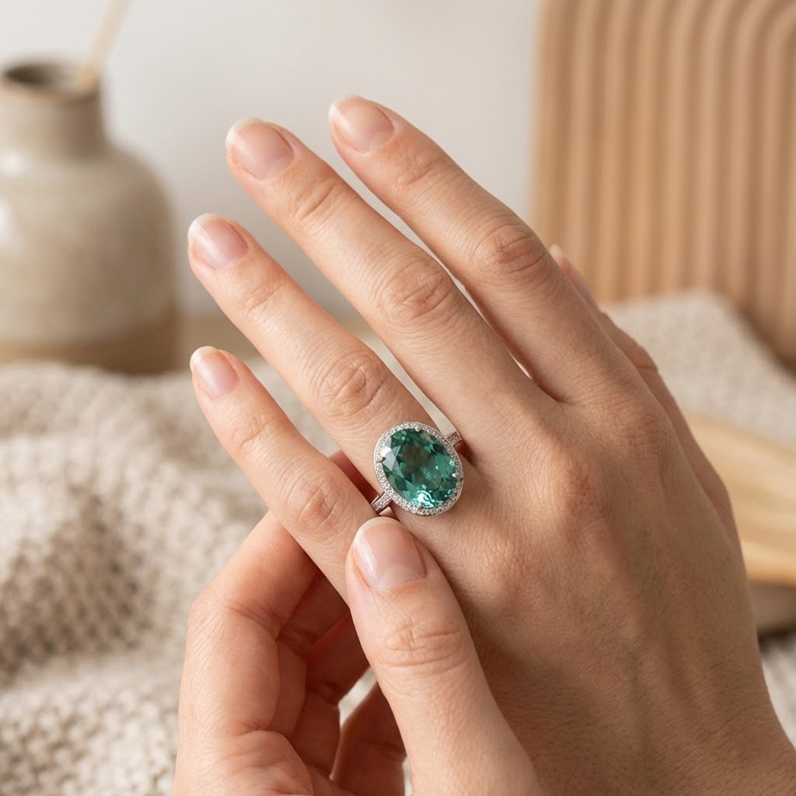 Luxurious Teal Green Tourmaline Oval 20.40Ct 925 Sterling Silver Handmade Rings