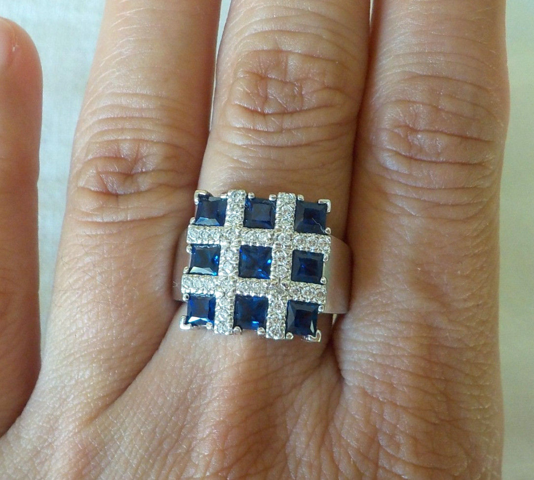 14k White Gold Panel Cluster Sapphire Diamond Ring – 9.50 gms, Sz 6.5, 2.0 ctw