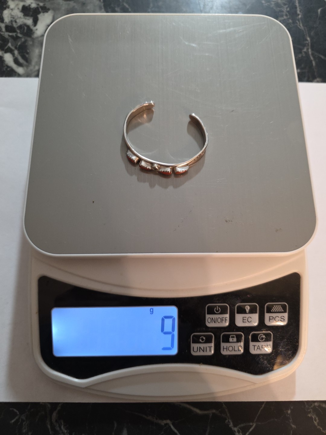 N.A. Navajo Baby Cuff Bracelet Silver And Coral 4.5″ Stamped. Signed EW