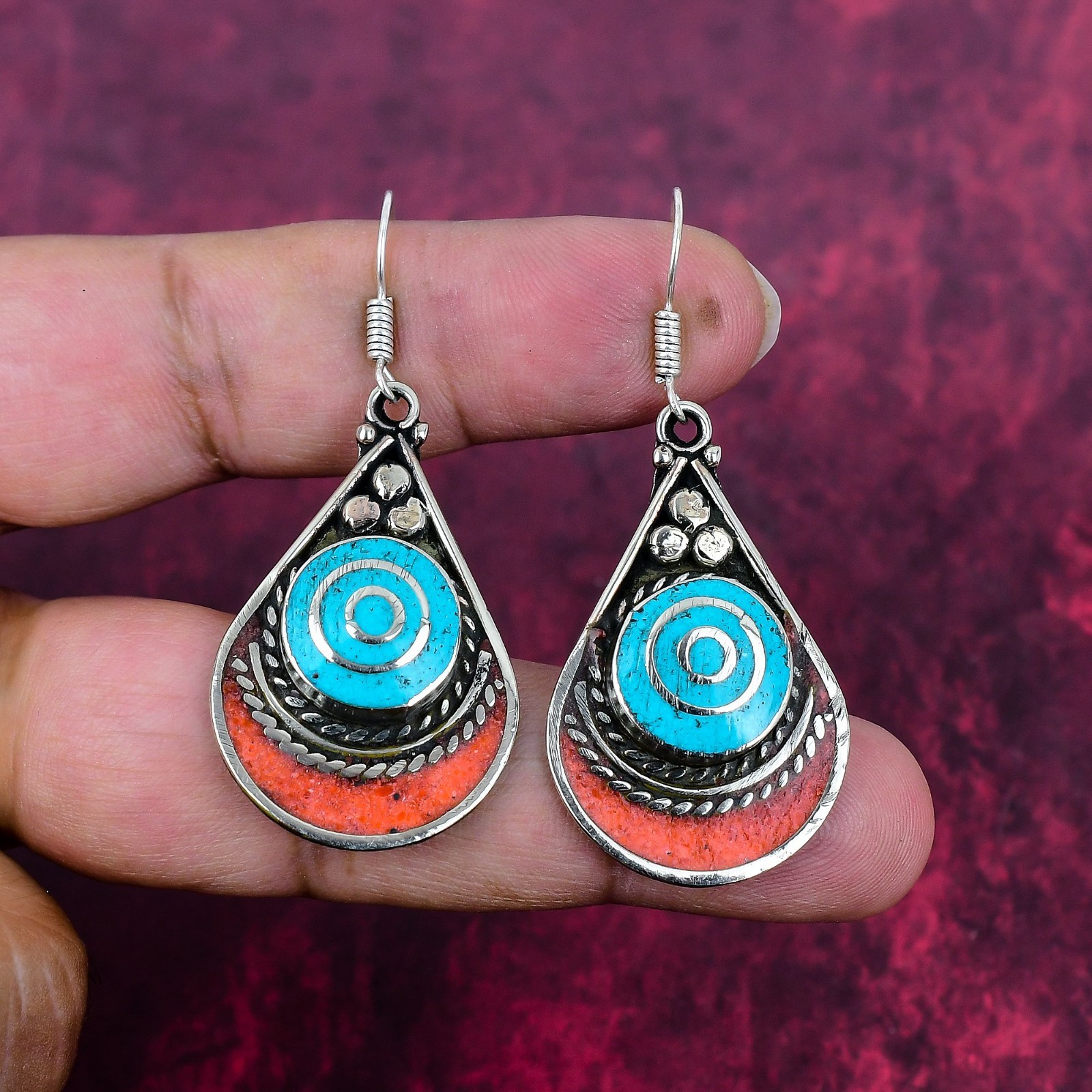 Turquoise & Coral Gemstone Handmade 925 Sterling Silver Jewelry Nepali Earrings