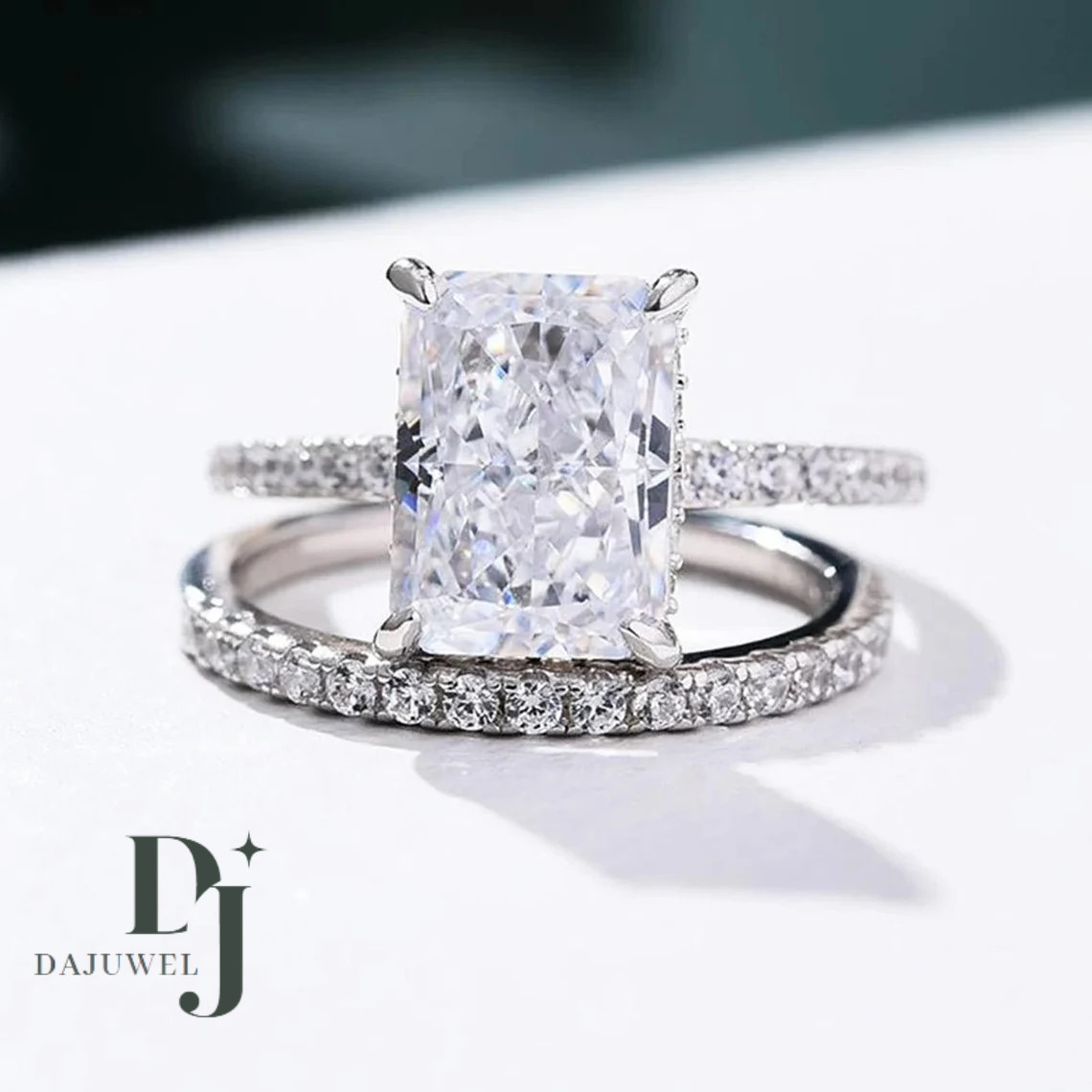 Bridal Set Moissanite Engagement Ring Solid 14K White Gold 3 Carat Radiant Cut