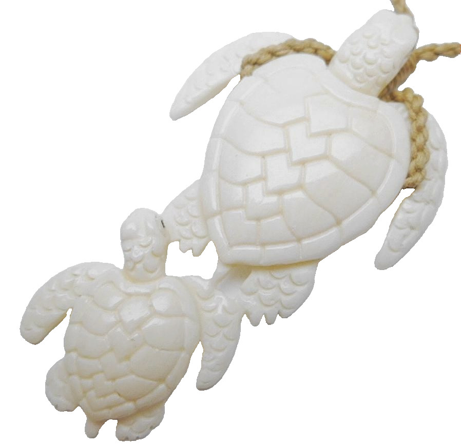31MM CARVED WATER BUFFALO BONE HAWAIIAN ADULT BABY HONU SEA TURTLES NECKLACE 27″