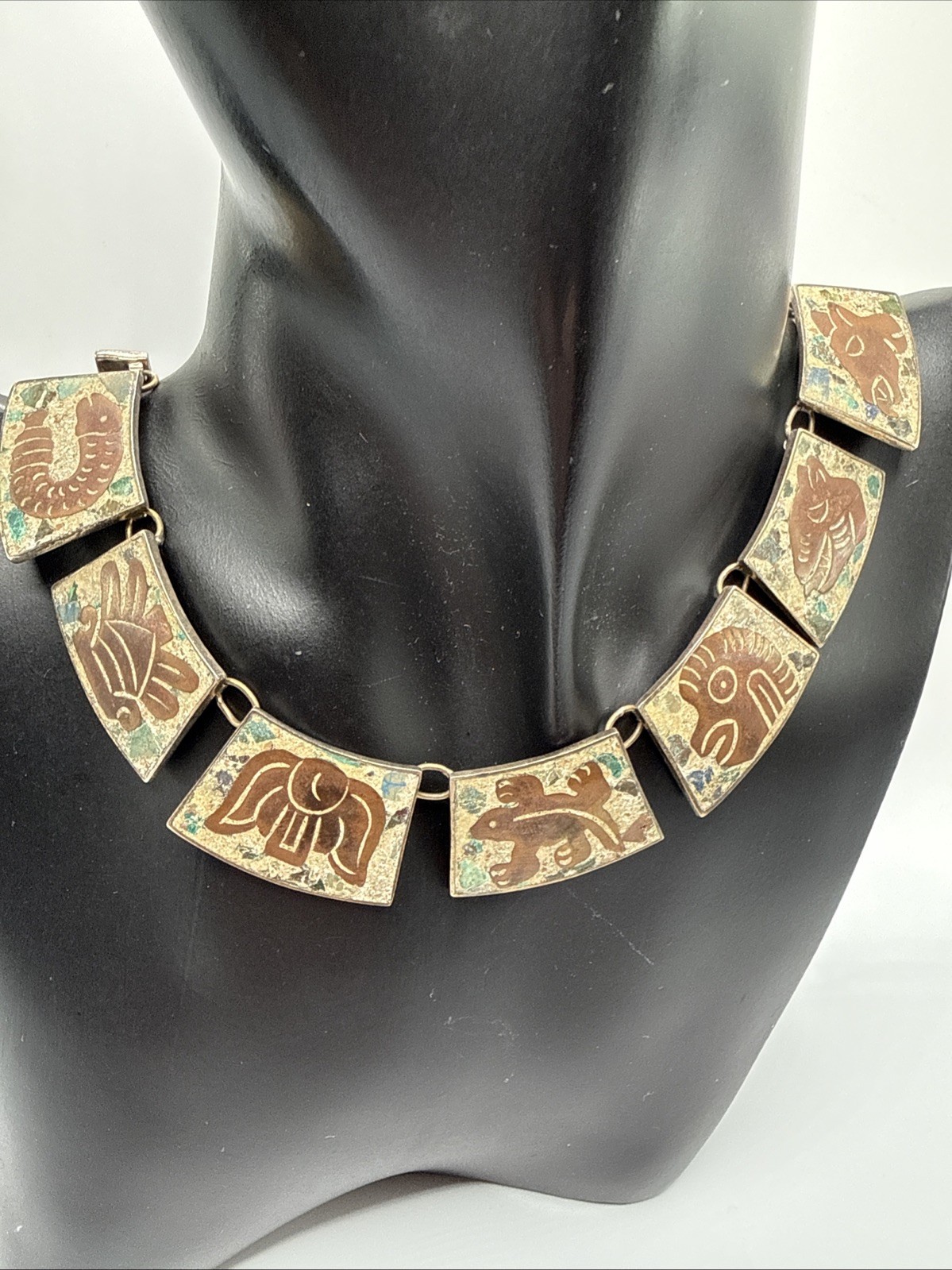 VTG HECHO EN MEXICO 925 STERLING MIXED STONES AZTEC NECKLACE.56.8 GRAMS.SIGN DH?