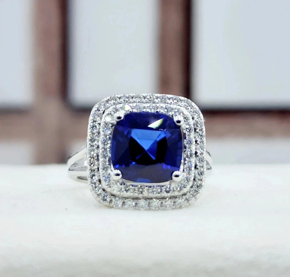 3.00 Ct Cushion Cut Natural Sapphire & Diamond Wedding Ring 14K White Gold 6 7 8