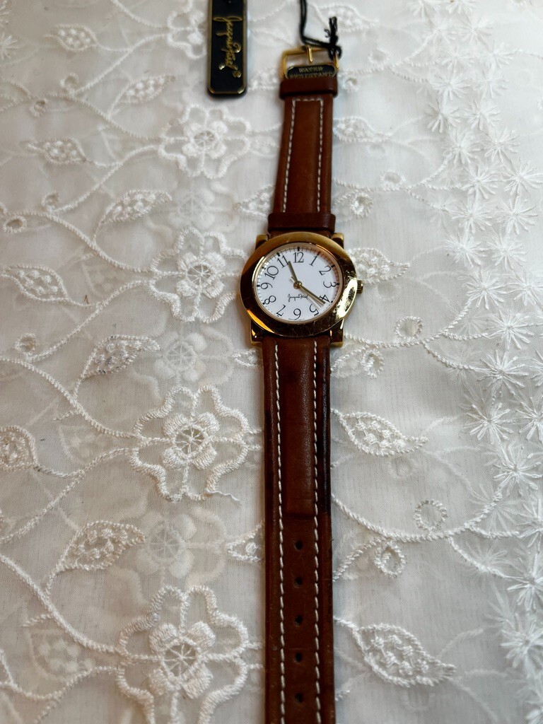 Vintage Jacques Farel Gold Toned Case White Dial Leather Band DD