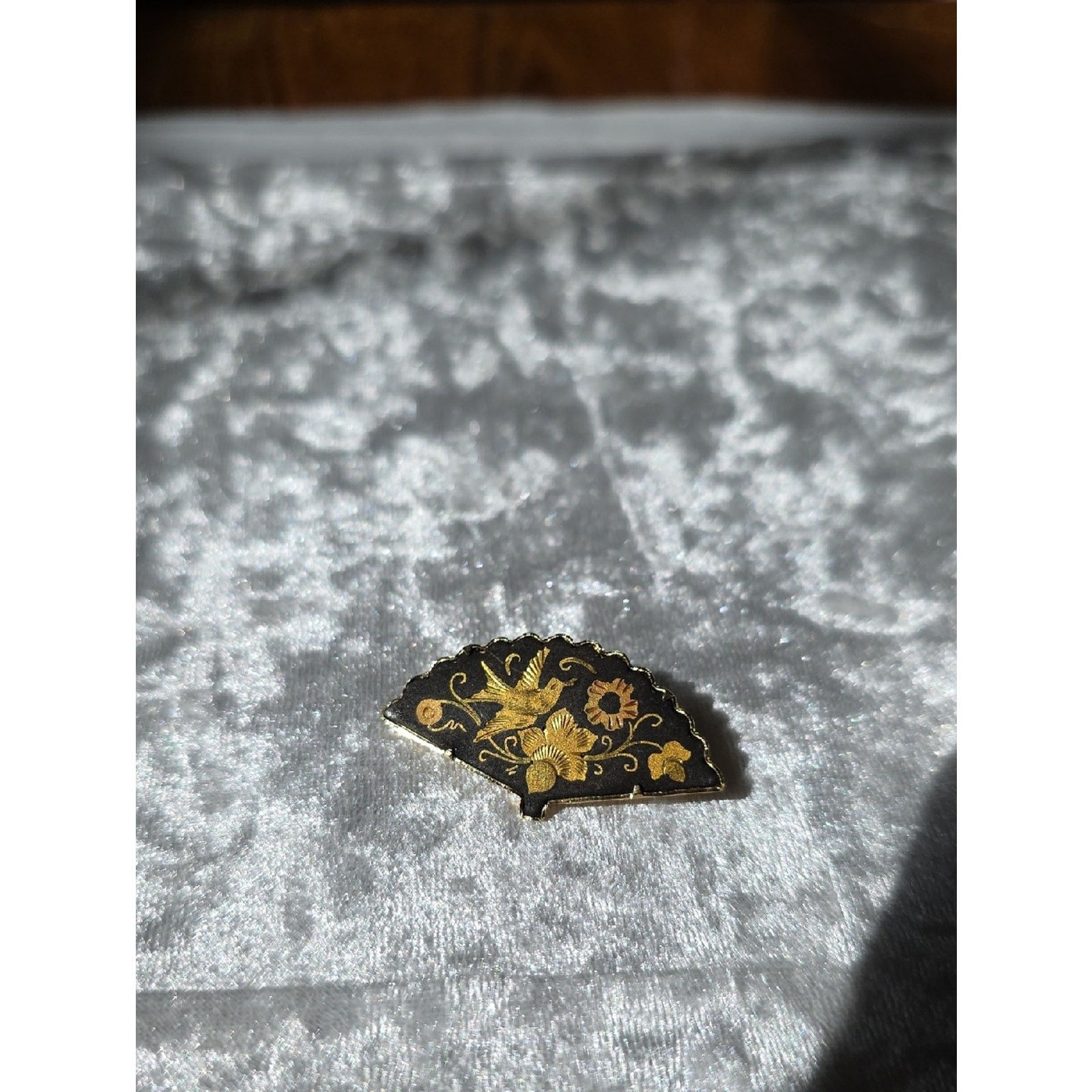 Gold and Black Damascene Fan-Shaped Floral Bird Brooch Circa 1940s-1970s