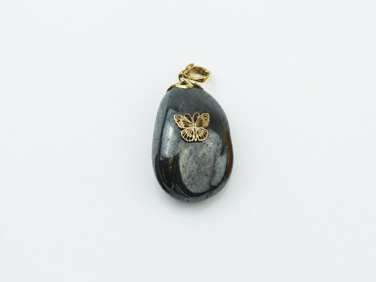 14K bale & butterfly hematite stone pendant 1 3/4 inches x 1.0 inch