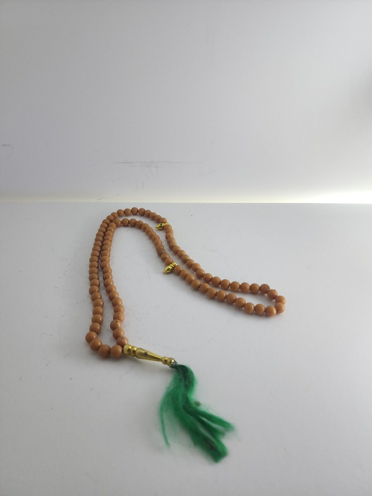 Brown Beige Beads Necklace Meditation Souvenir Green Tassel Gold Tone Charm