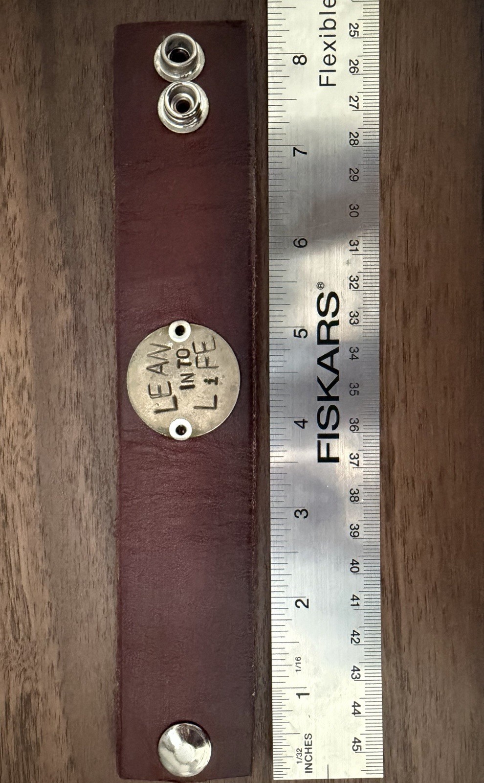 Lean In To Life Leather Cuff Bracelet Wide Brown Stamped Brass Plate Snap Close