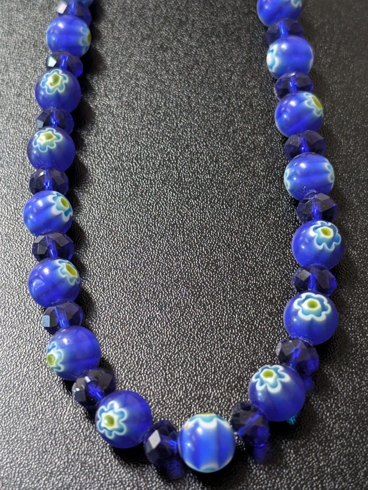 Vintage Cobalt Blue Millefiori Art Glass Flower Bead Bracelet Faceted Rondelle