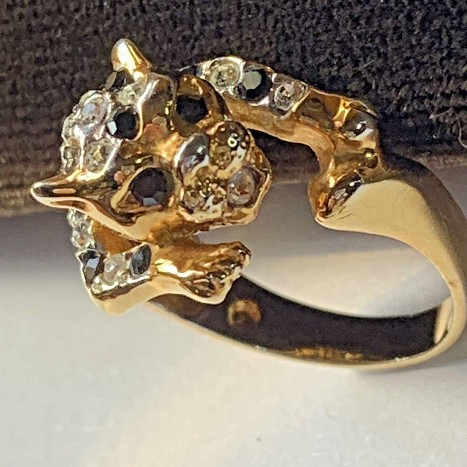 Leopard Jaguar Cat Cocktail Wrap Ring size 5 Gold Tone w rhinestones *READ