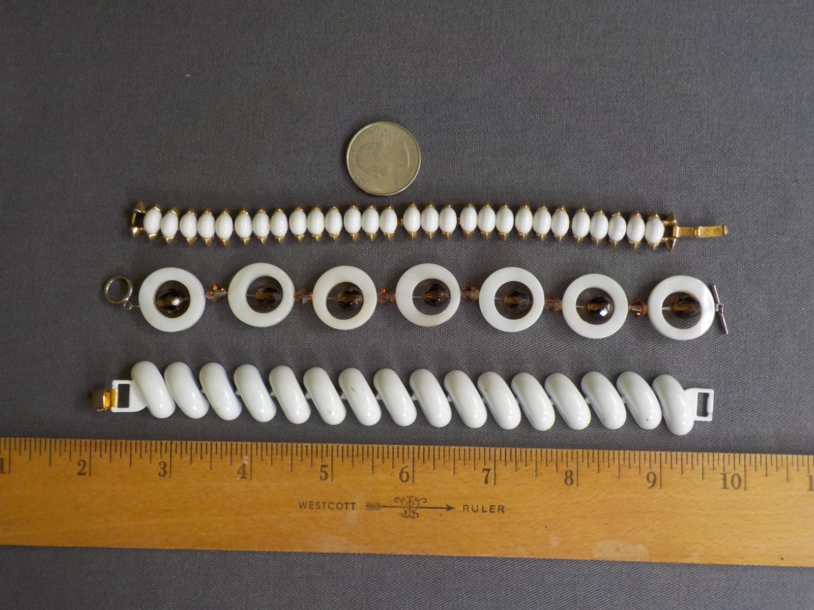 White Bracelet Mix Lot 3 Enamel Plastic Mother of Pearl Glass Bead Metal