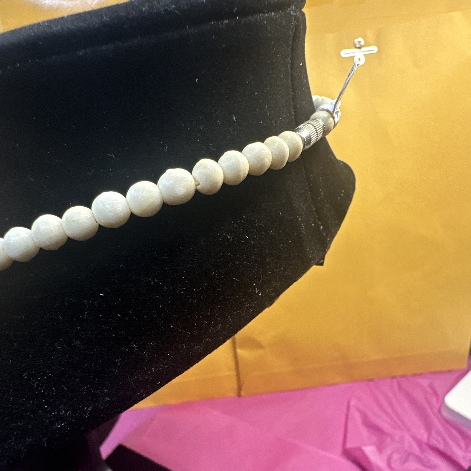 Black & White Beaded Necklace, Oval & Round Wood/Plastic Beads, Barrel Clasp