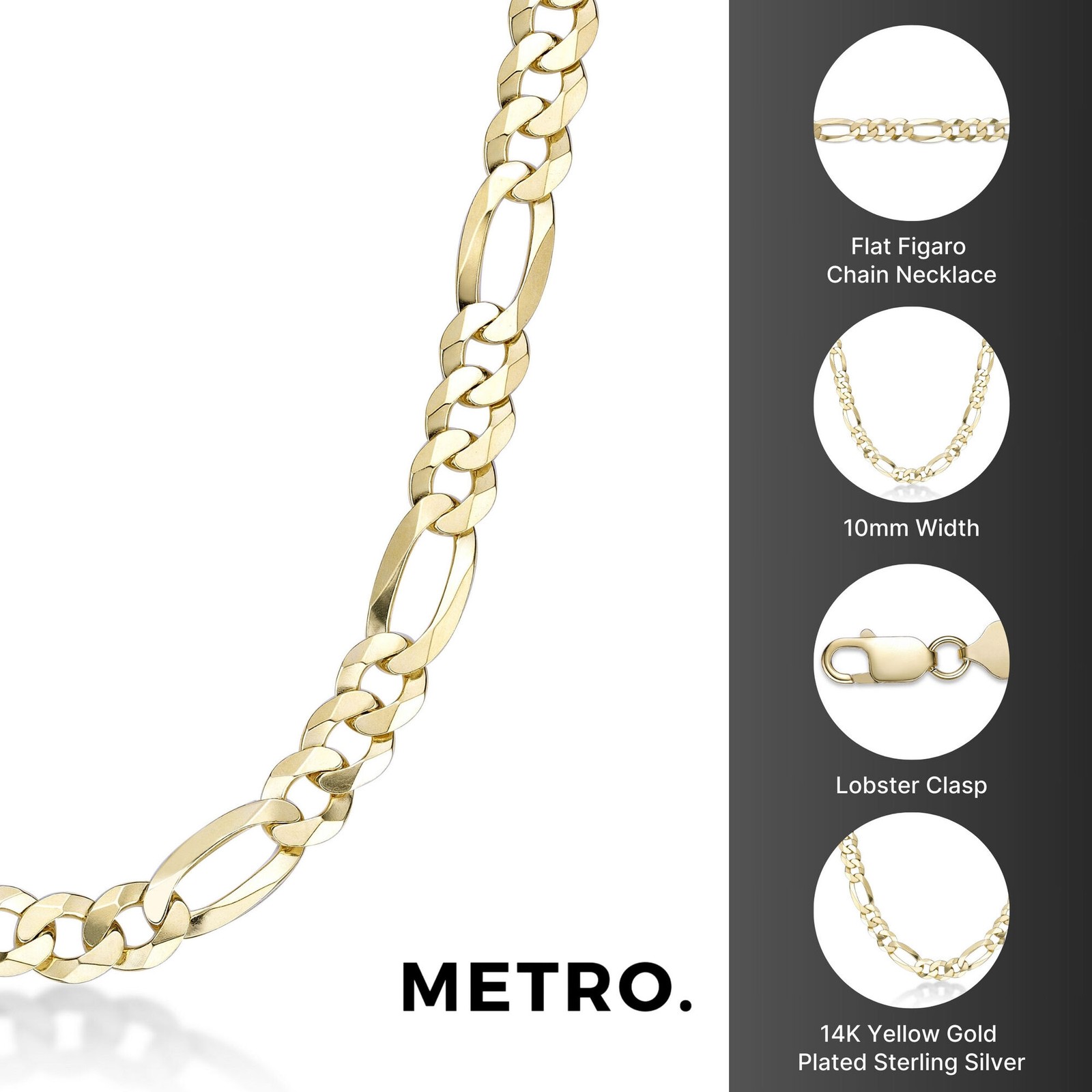 Sterling Silver Yellow Gold Plated 10mm Flat Figaro Chain Necklace 20-26 Inches