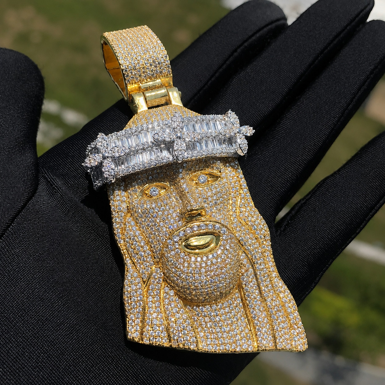 5AAA+ CZ Iced Out Hip Hop Bling Jesus Head Pendant Necklace 14k Gold Plated
