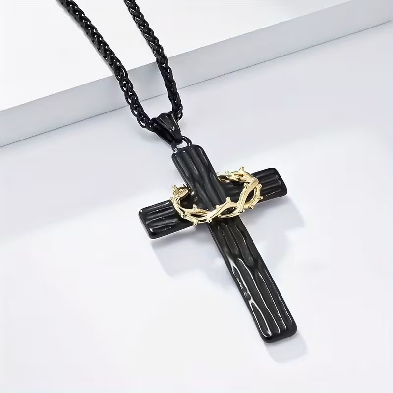 Black Christian Cross Necklace Crown of Thorns Pendant Religious Gift Jesus Mens