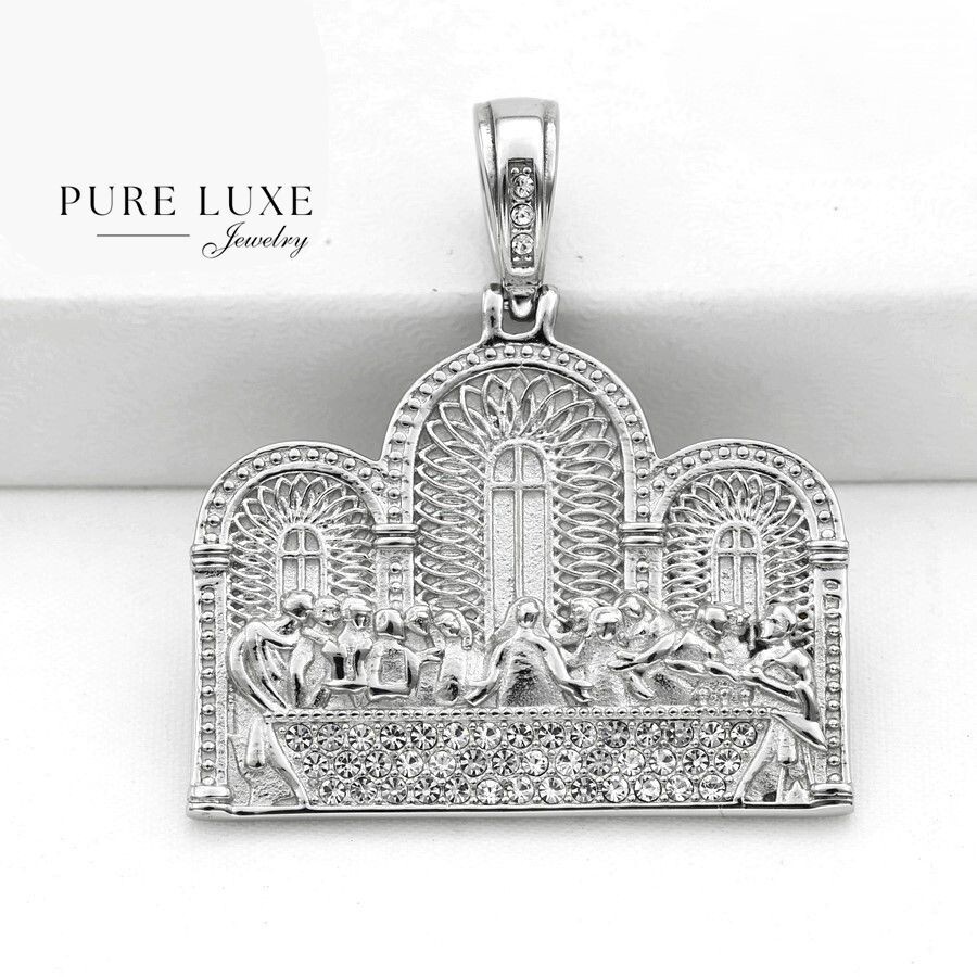 Men’s Silver.Stainless-Steel,Jesus Last Supper.Charm CZ Pendant Unisex,BOX