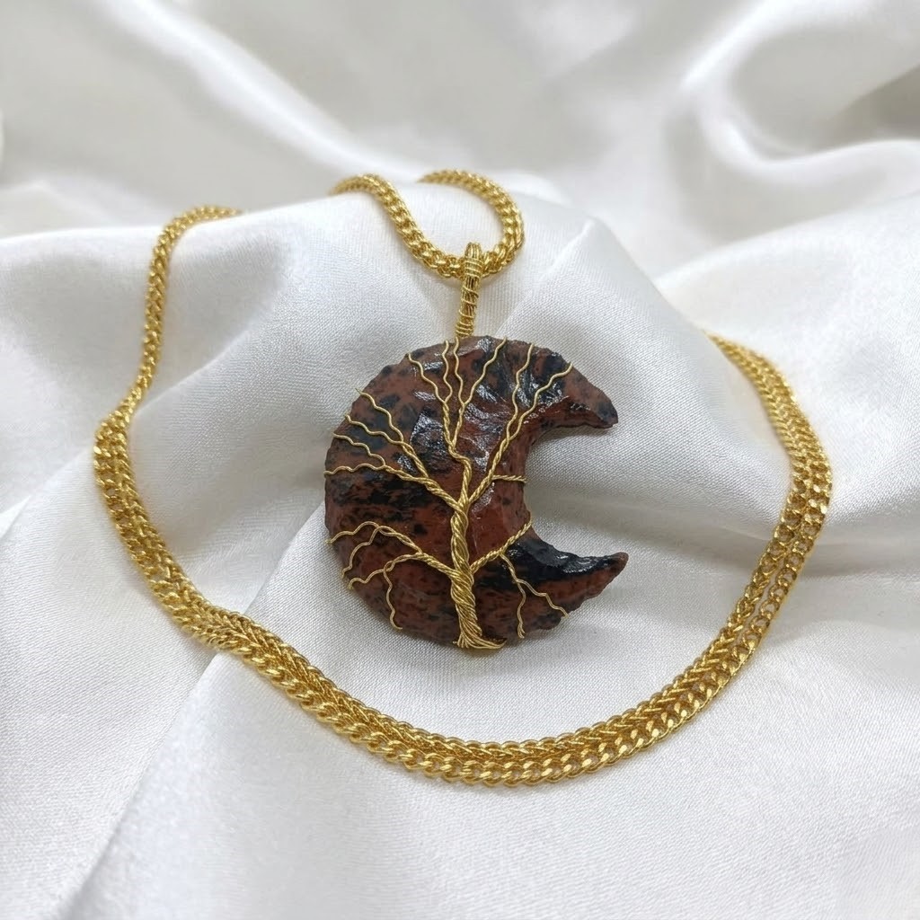 Crescent Moon Jasper Pendant 40-45Ct | Tree of Life Gold Wire Wrap Necklace