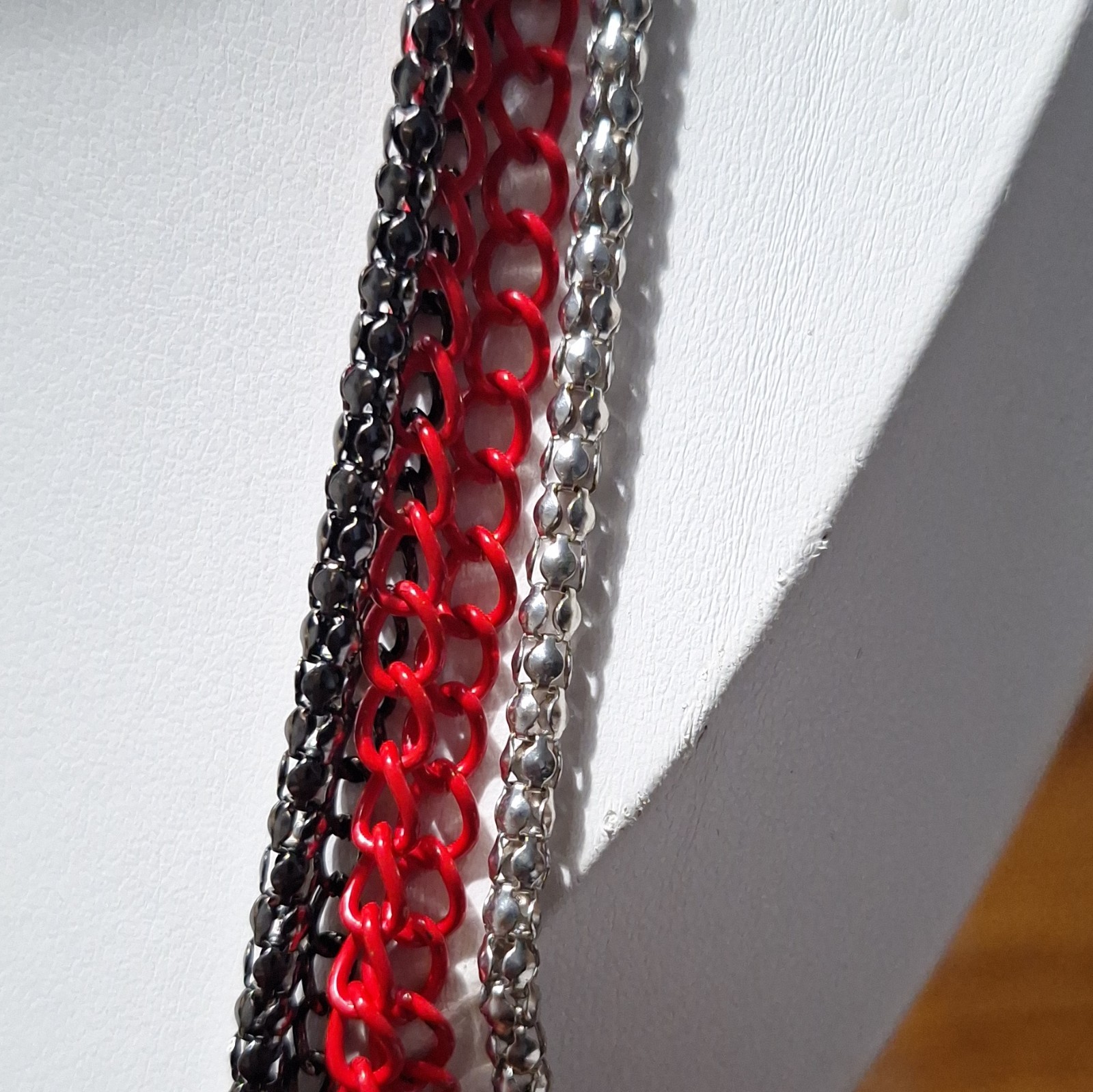 Multi-Strand Layered Cable Chain Necklace Lanyard Red Black Silver Tone