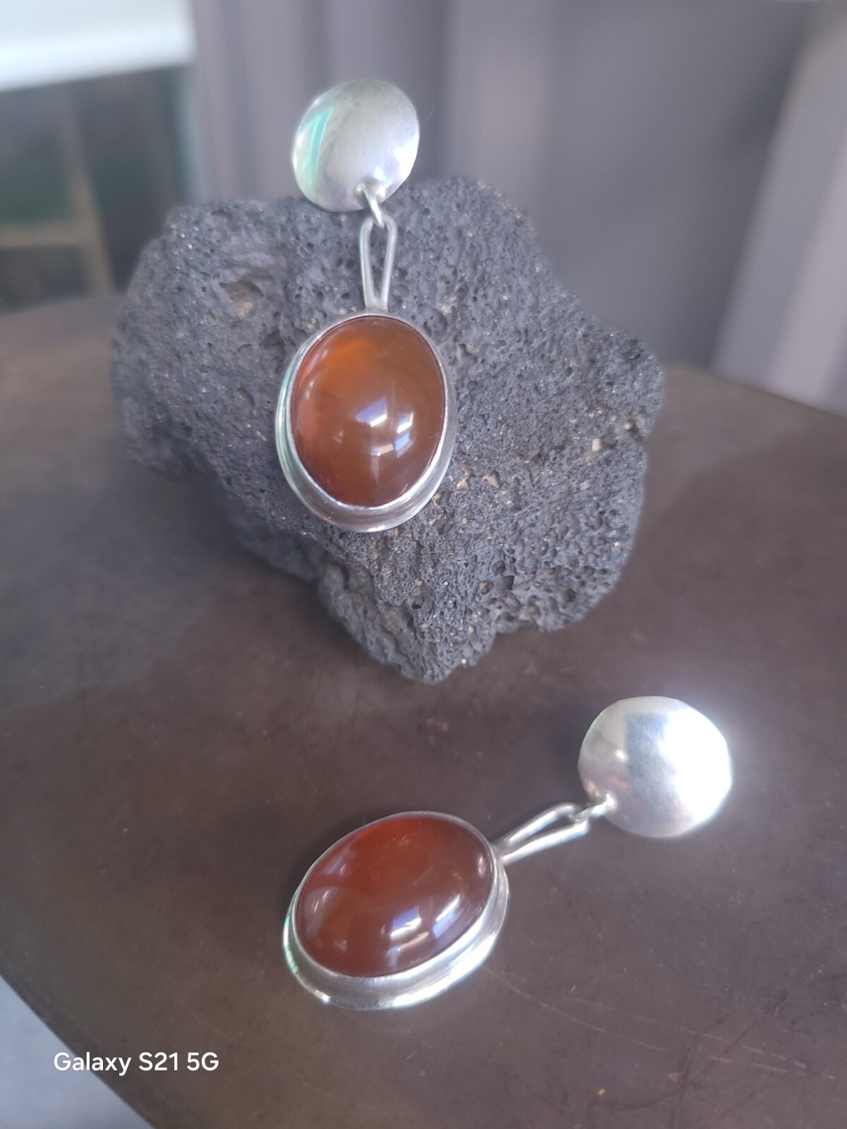 Susan Cummings 2″ Pierced Earrings Modern Silver & Amber McClure’s Nashville Tn