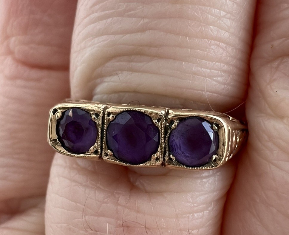 Vintage 9ct Gold Natural Amethyst Trilogy Half Hoop Ring Pierced Gallery; M 1/2