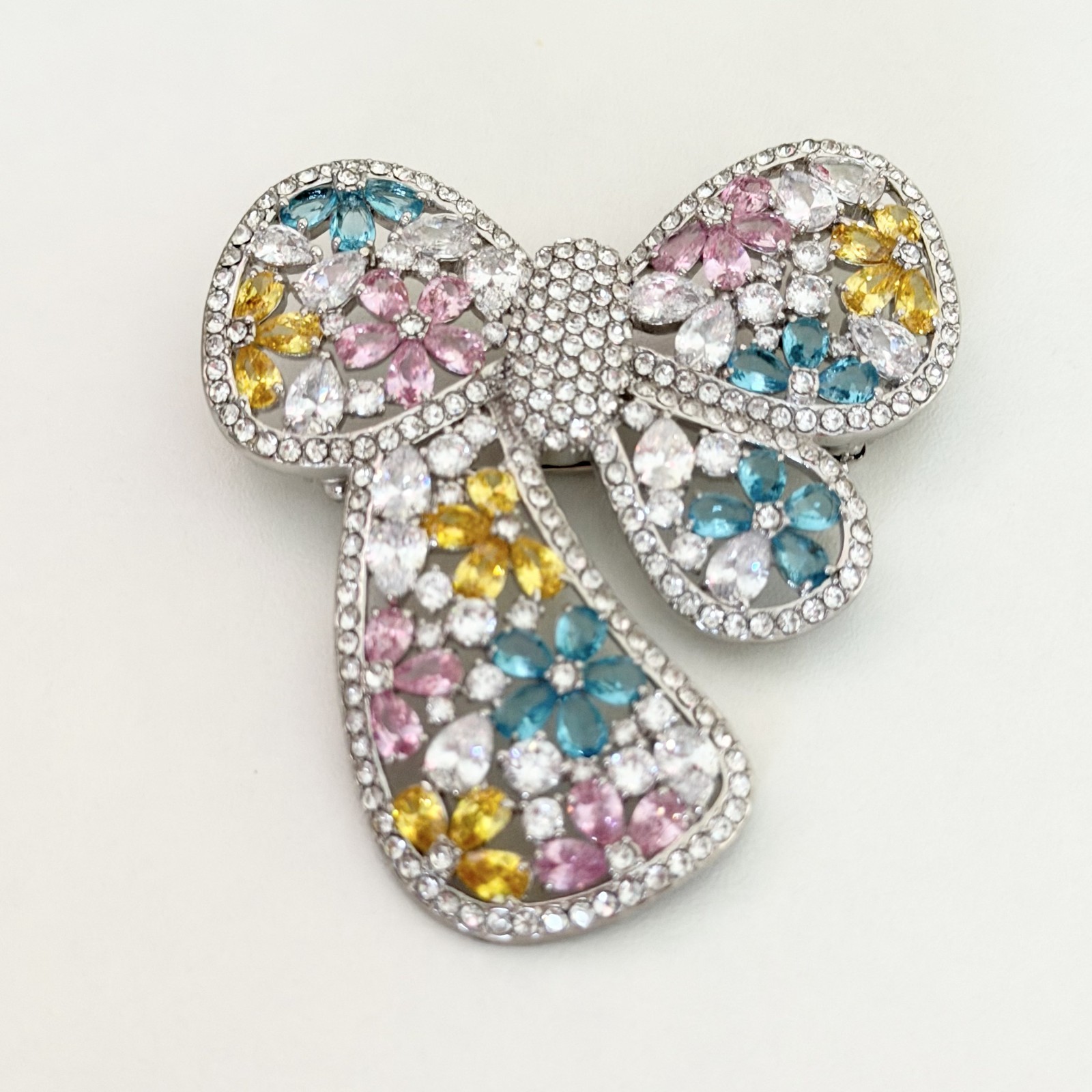 Joan Boyce Huge Multicolor Crystal Bow Ribbon Spring Flower Statement Brooch Pin