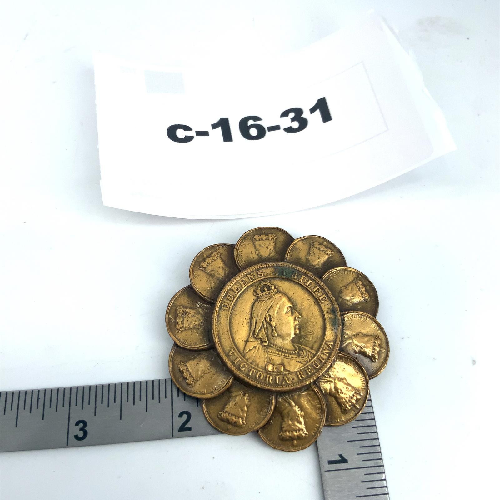 Vintage Queen Victoria Jubilee Coin Brooch Gold Tone Royal Commemorative Pin