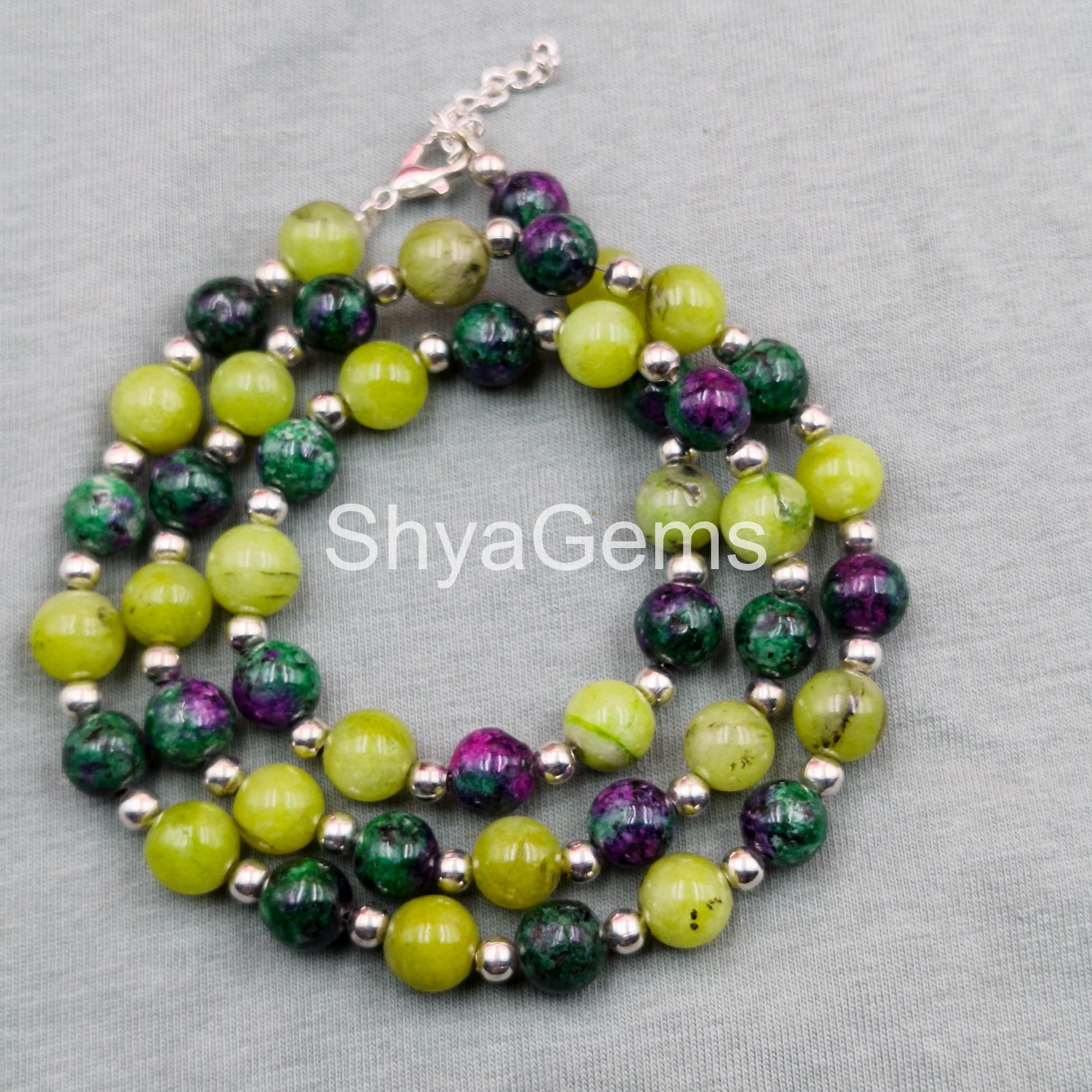 Ruby Zoisite Jade Necklace 8mm Beaded, Green Gemstone Necklace, Heart Chakra
