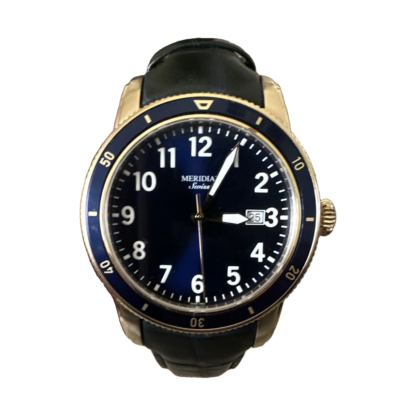 Meridian Belair Seapearl Quartz Diver 44.3mm Blue Dial Date 100m Leather Strap