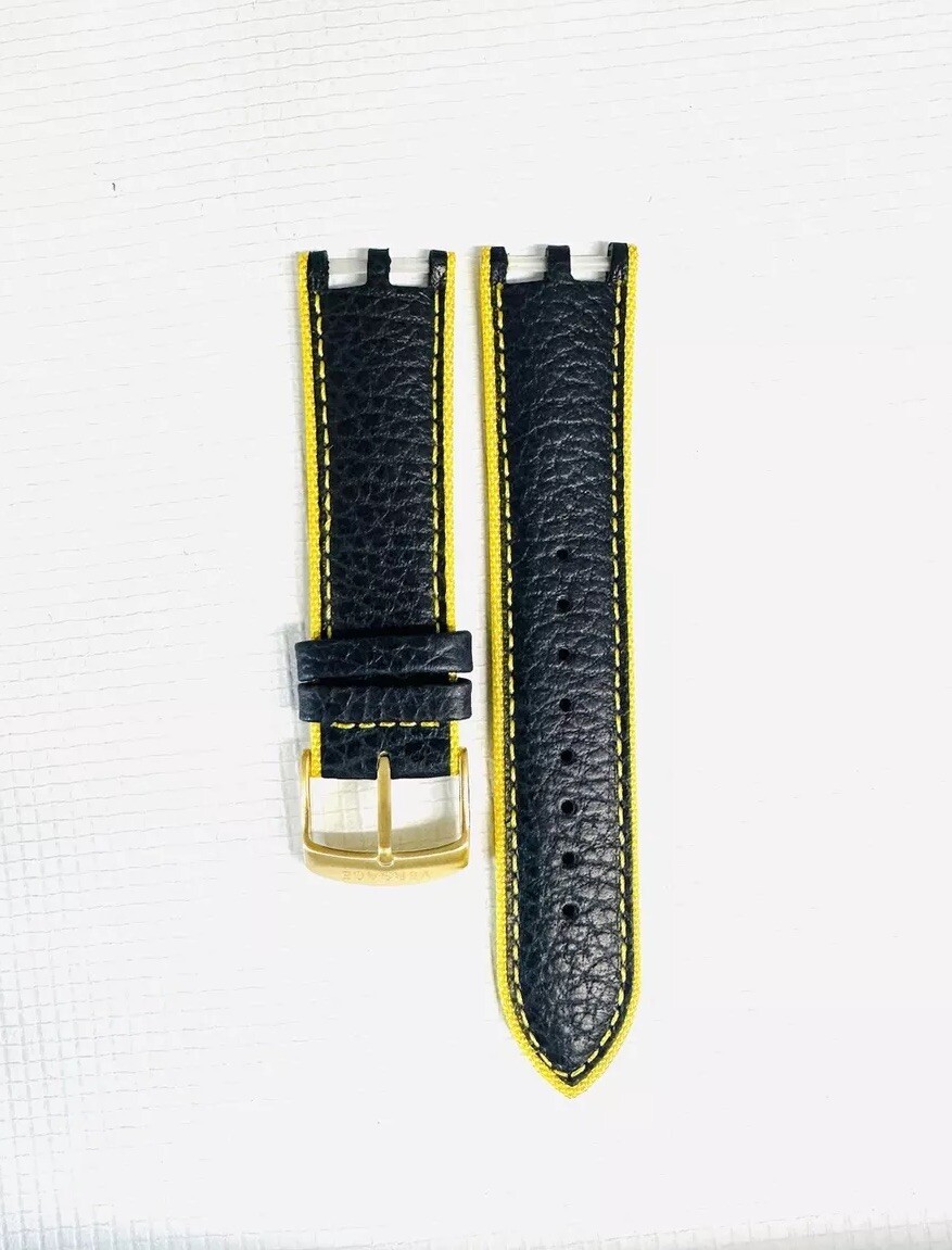 VERSACE WATCH STRAP , VAH , BLUE + YELLOW STITCHING YELLOW, GOLDEN TONGUE BUCKLE
