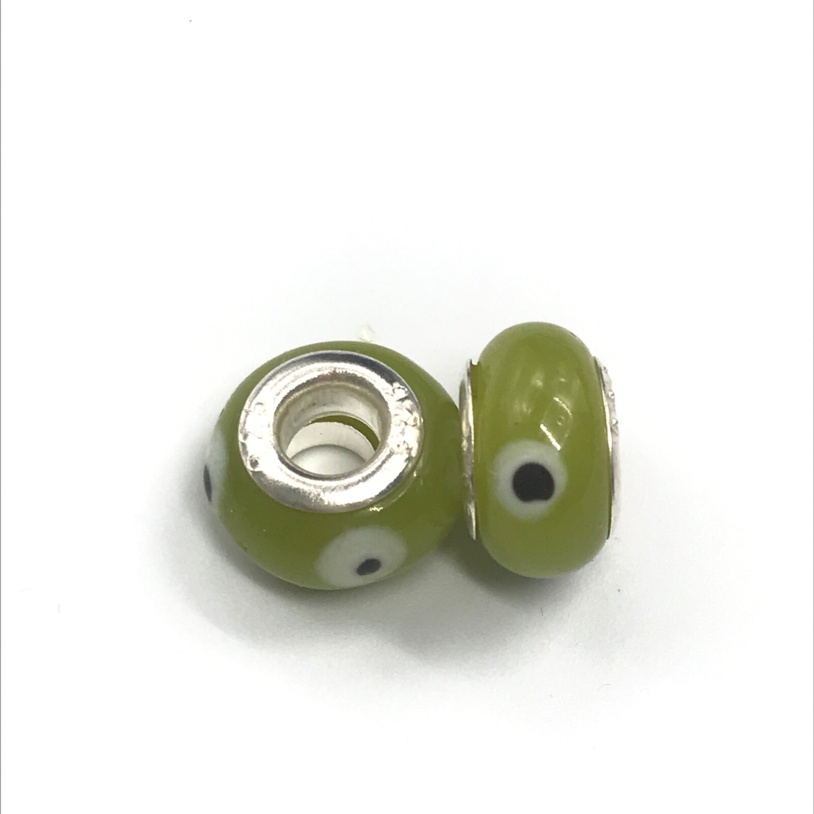 925 Sterling Silver Olive Green Black White European Murano Glass Bead Set Of 2