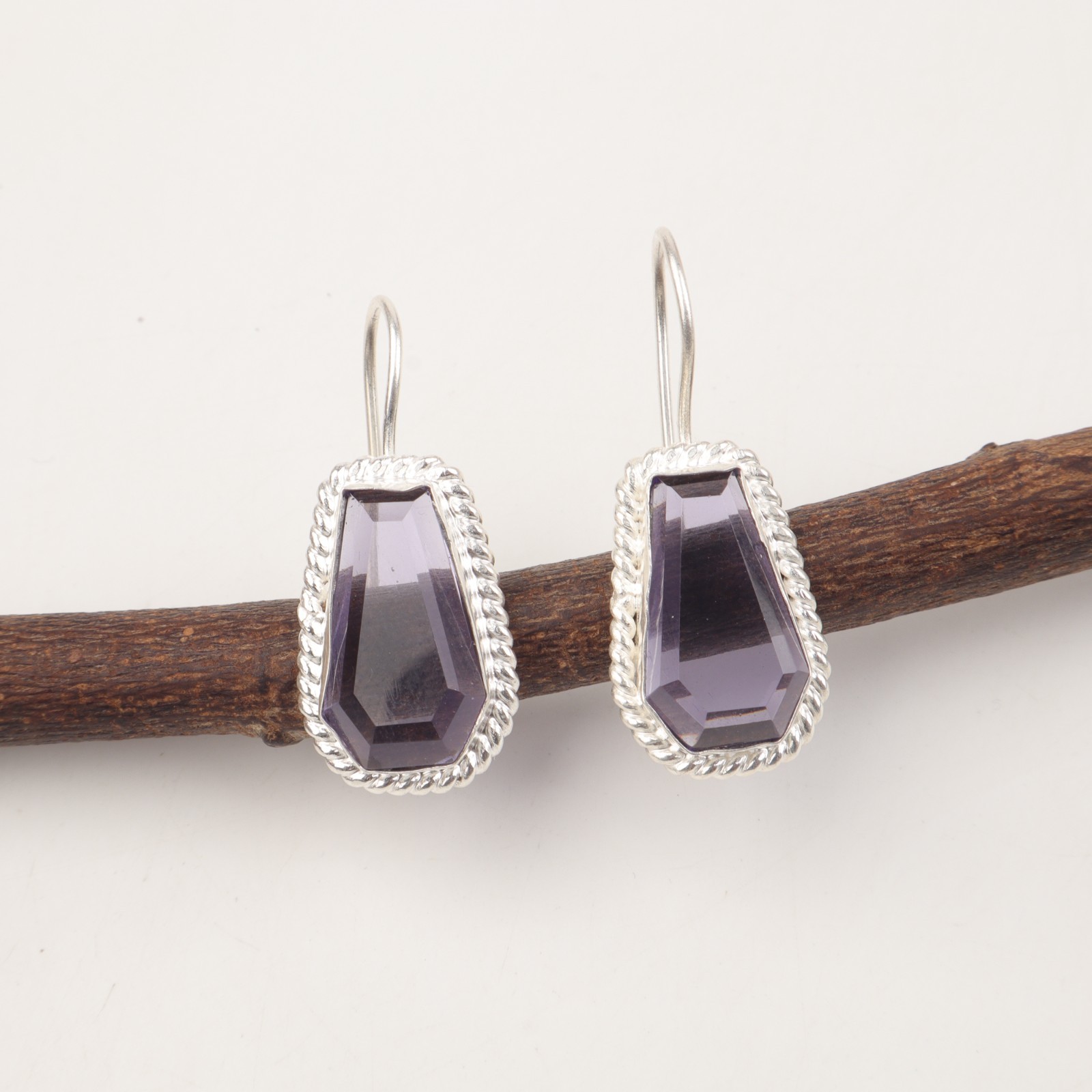 Natural Iolite Gemstone 925 Silver Jewelry Handmade Modern Coffin Earring 1.30″