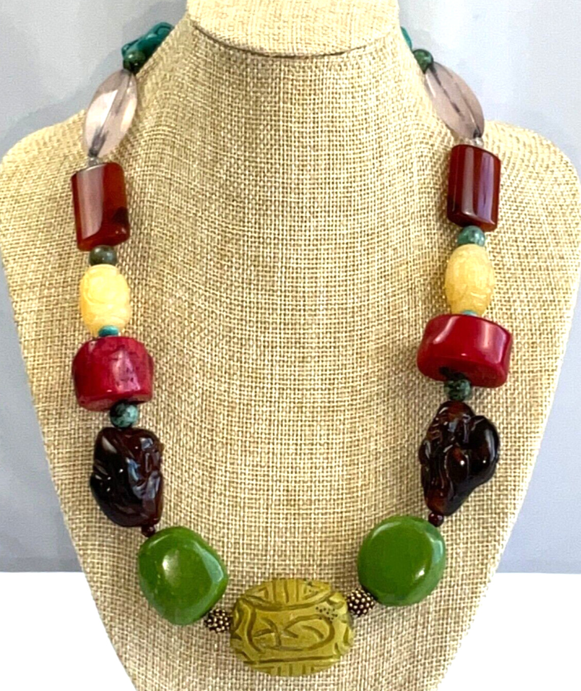 Beautiful Buddha Carved Bead Artisan STATEMENT NECKLACE Coral Turquoise Amber