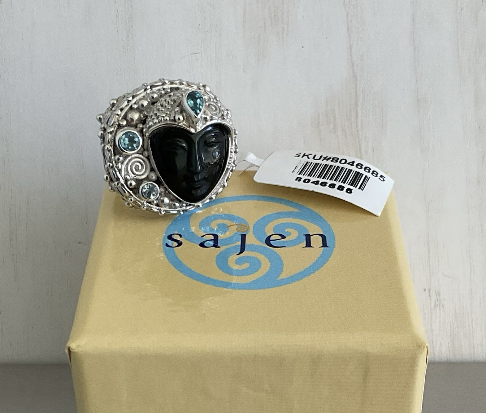 Sajen Carved Obsidian Goddess Face & Blue Topaz Ring 925 Sterling Silver Size 7